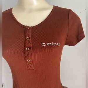 Y2K BEBE Style Bootleg Chocolate Brown Bedazzled Henley Soft Fitted Baby Tee